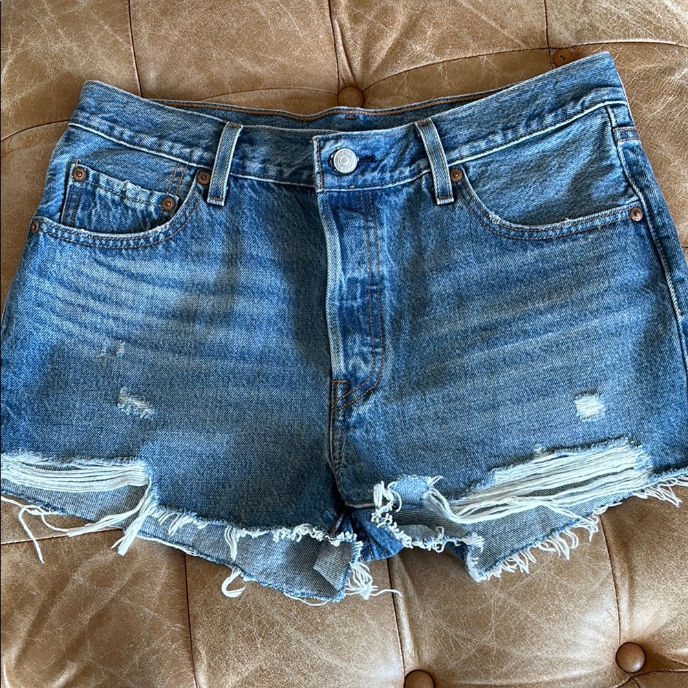 Levi 501 Button Fly  Denim Blue Women's Distressed Shorts